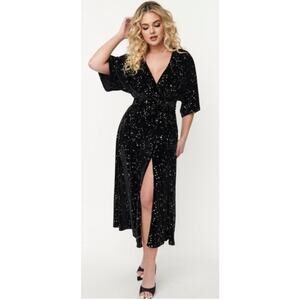 Unique Vintage Black Velvet Magical Star Wrap Dress S 4 NWOT